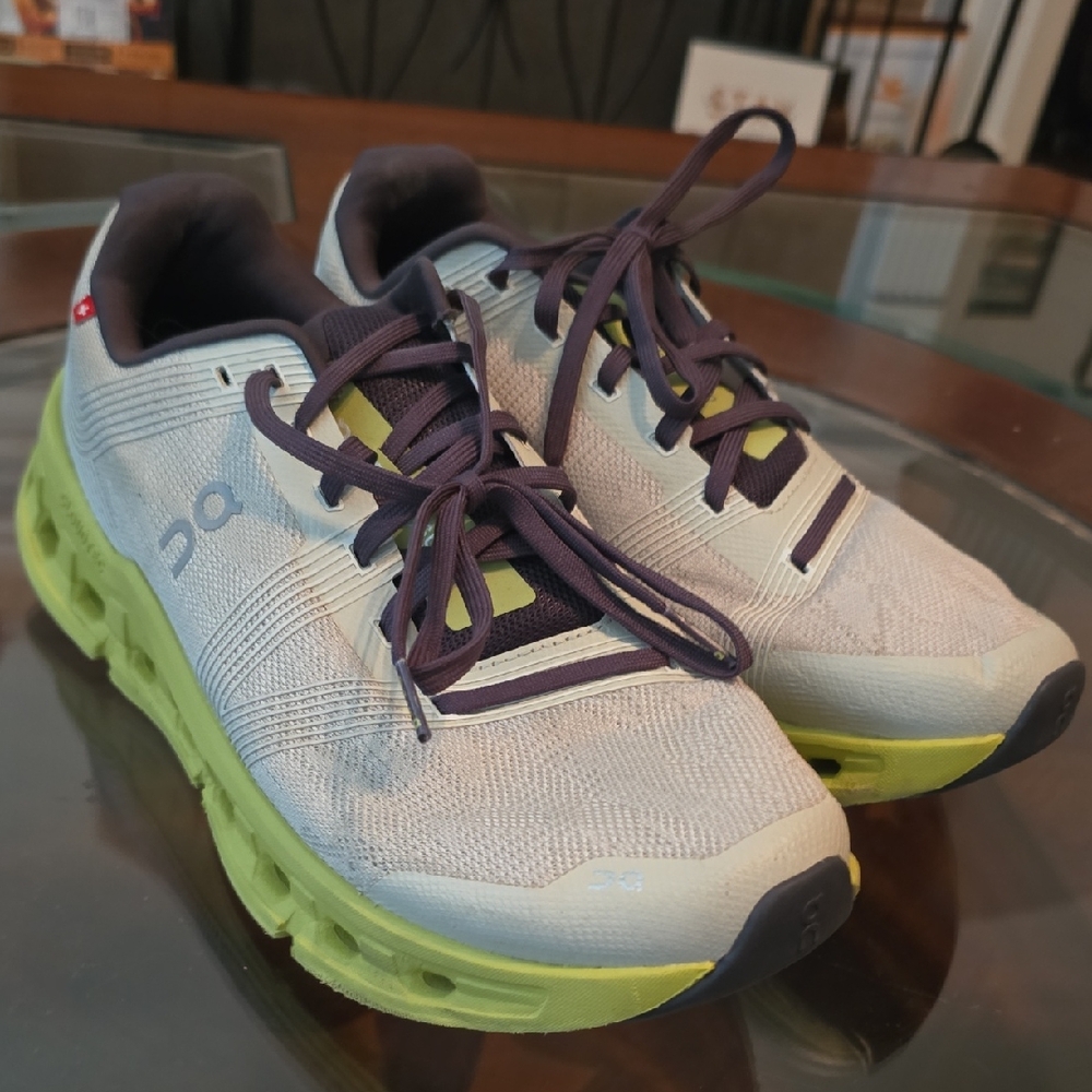 On Running Shoes with Lime and Purple Accents
